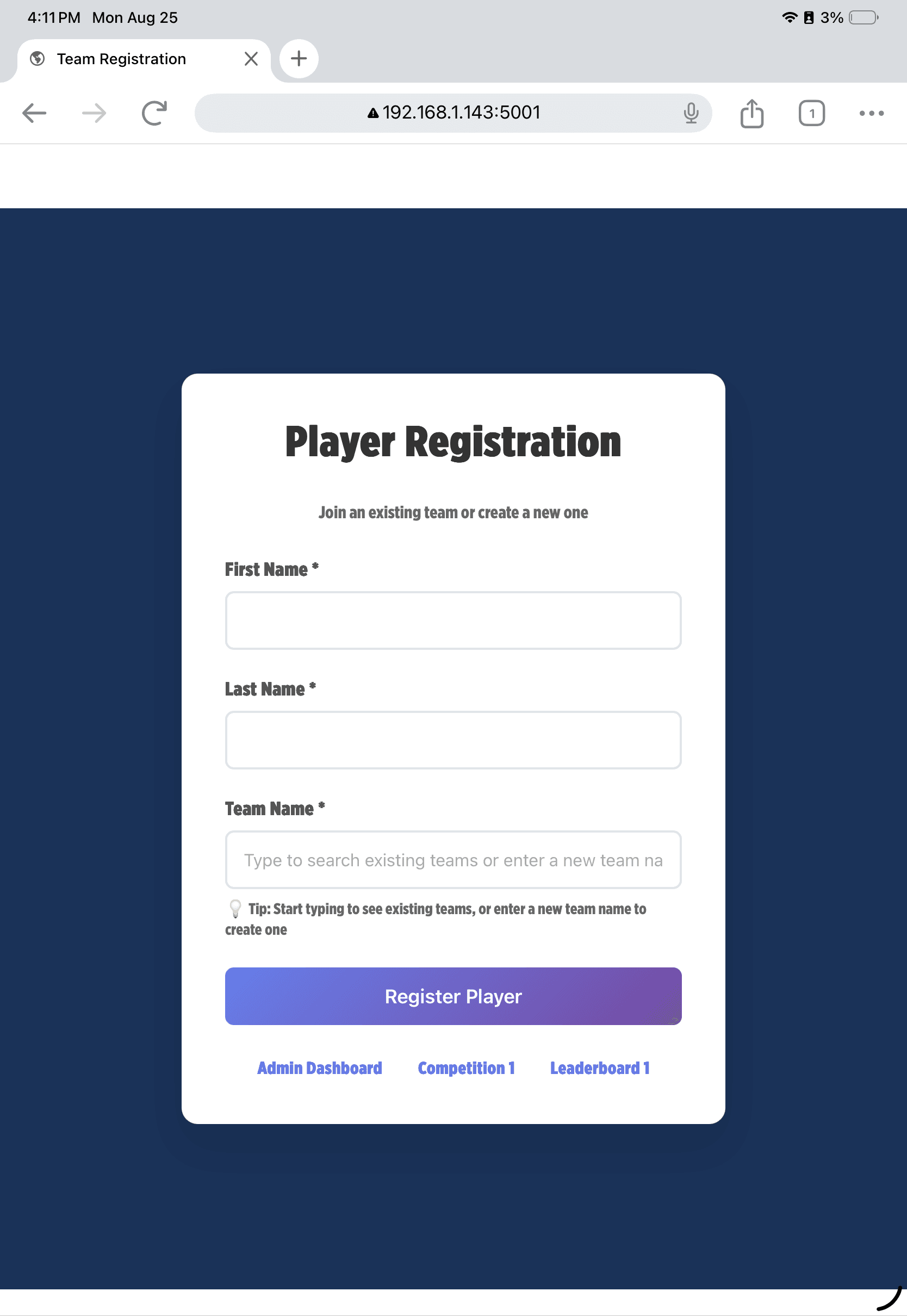USAA Battle at the Combine iPad registration station at NFL training camp