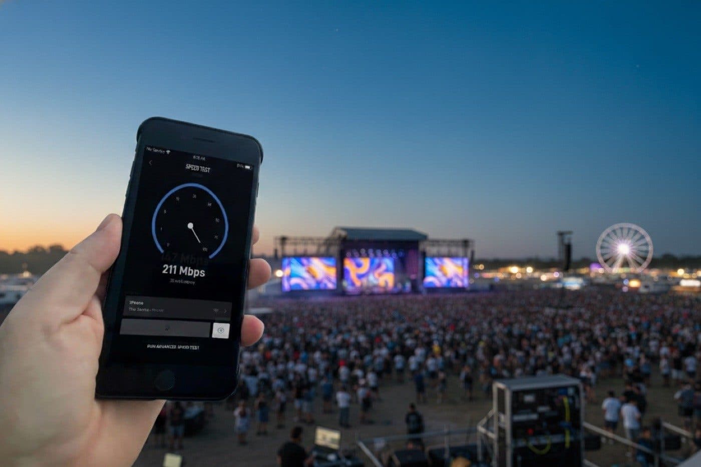 Speed test showing 211 Mbps over a festival floor