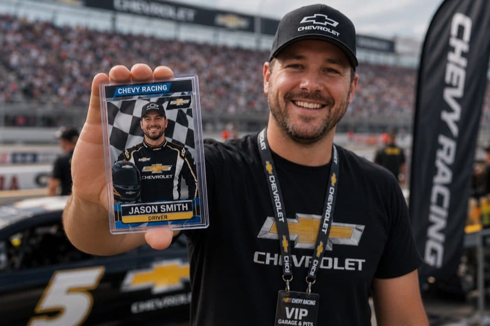 Guest holding a Chevy Racing trading card of himself