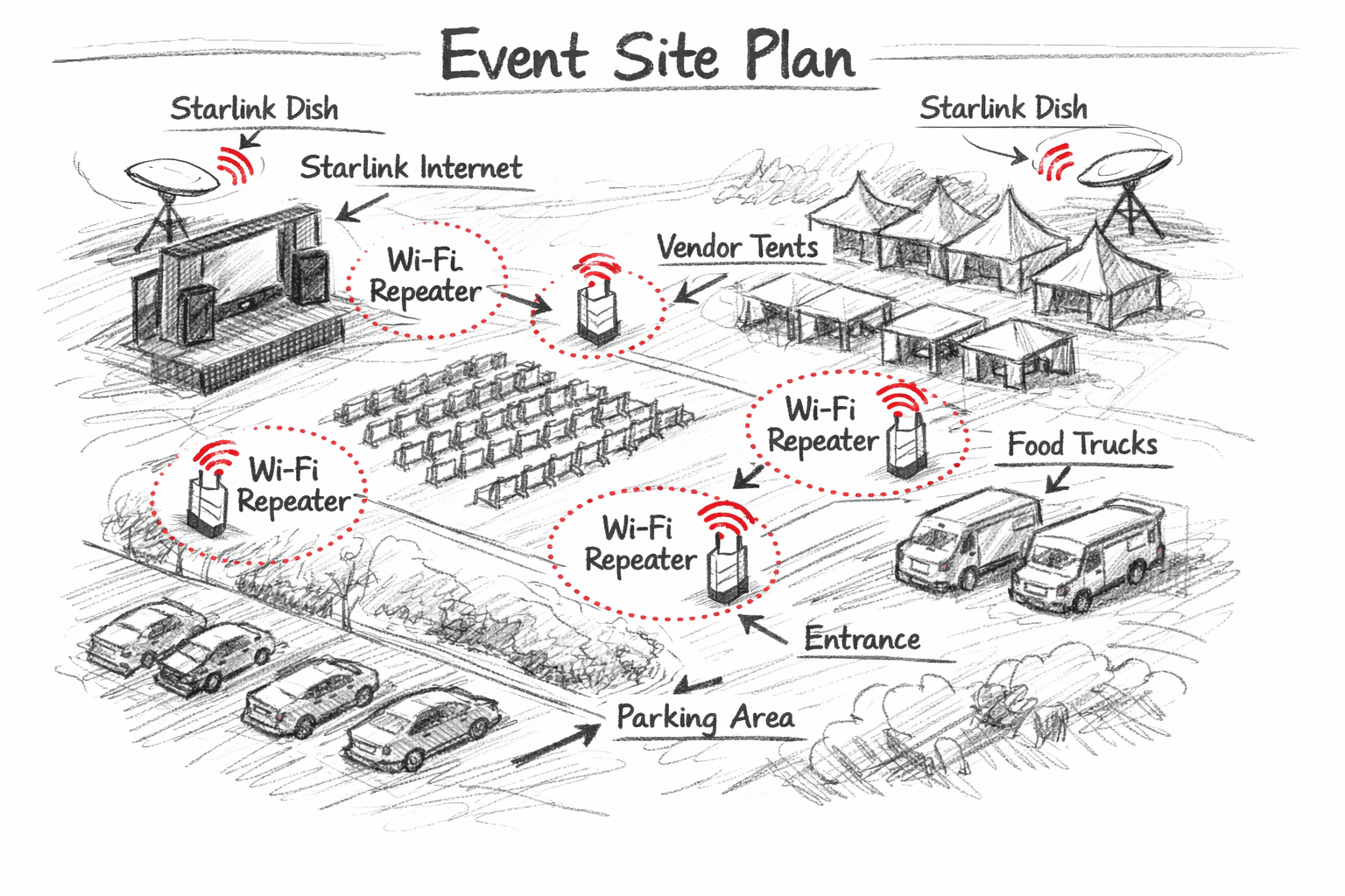Event site plan showing the internet source and Wi-Fi access point placements