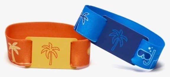 Elastic wristbands with RFID smart cards printed with palm tree artwork